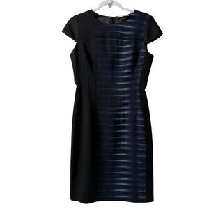 T Tahari Sheath Dress Womens 6 Black Blue Ombre Stripe Mesh Cap Sleeves